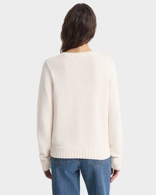 Person wearing a white sweater and blue jeans on a plain background