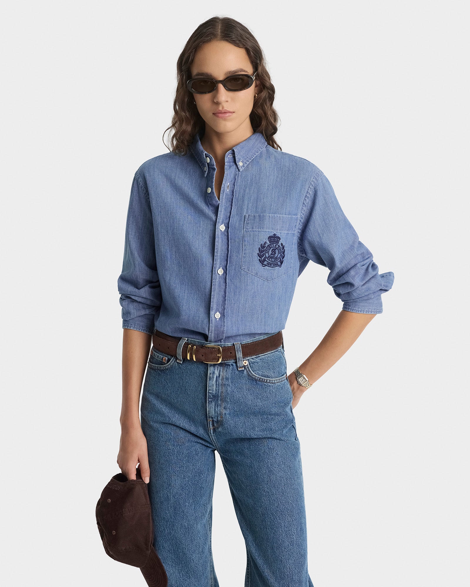 Sporty & Rich - NY Crest Oversized Denim Shirt - Light Blue - Size: Large - Color: Light Blue Sporty & Rich - NY Crest Oversized Denim Shirt - Light Blue - Size: Large - Color: Light Blue