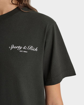 Black t-shirt with 'Sporty & Rich' logo on a plain background