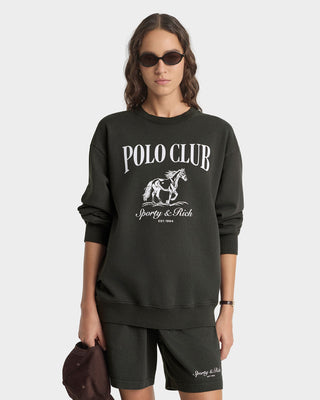 Person wearing a dark gray 'Polo Club' sweatshirt with a horse logo on a white background