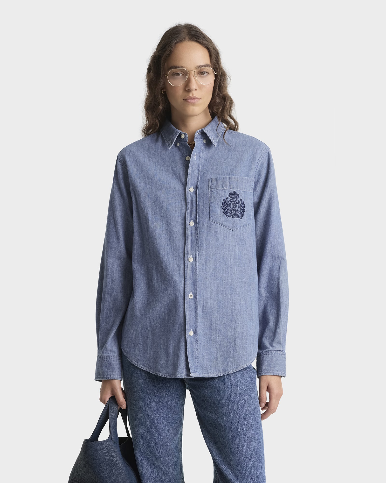 NY Crest Oversized Denim Shirt - Light Blue Light Blue / X-Large NY Crest Oversized Denim Shirt - Light Blue Light Blue / X-Large