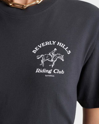 Black t-shirt with 'Beverly Hills Riding Club' logo on a plain background