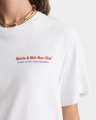 White t-shirt with 'Sporty & Rich Run Club' logo on a plain background