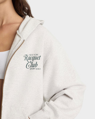 White hoodie with 'New York Racquet Club' text on a white background