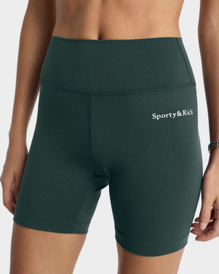 Dark green athletic shorts with 'Sporty&Rich' logo on a white background