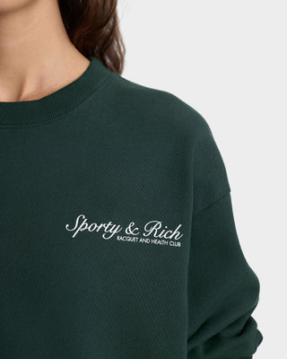 Dark green sweatshirt with 'Sporty & Rich' logo on a white background