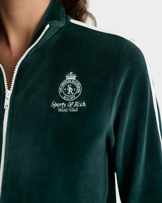 Green jacket with a logo and text on a white background