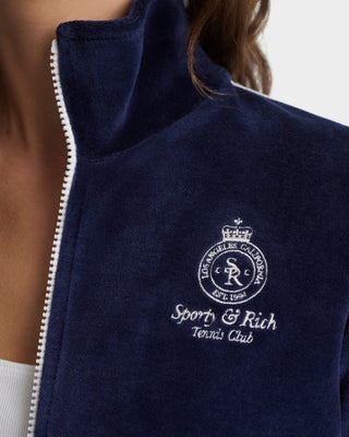 Navy blue jacket with Sport & Rich logo on a white background