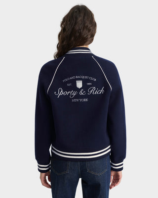 Navy blue jacket with white text and branding on a plain background