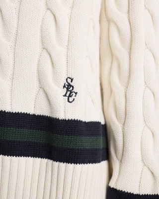 Close-up of a cable-knit sweater with a logo and color stripe.
