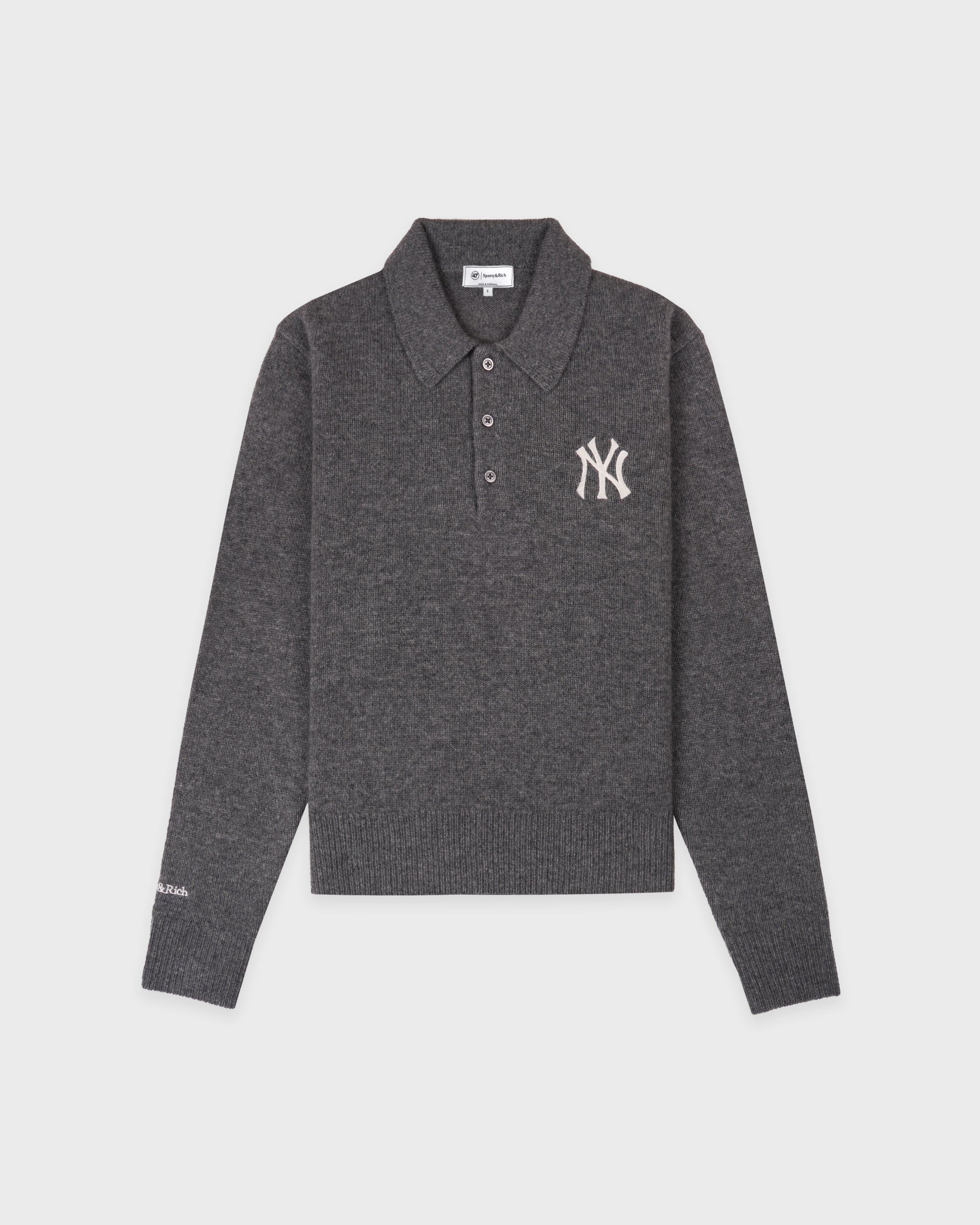 Sporty & Rich - Heritage Yankees Serif Cashmere Polo - Dark Grey/White - Size: Large