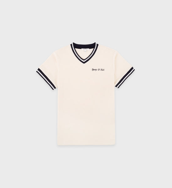Italic Logo Embroidered V-Neck Tee - Cream/Navy