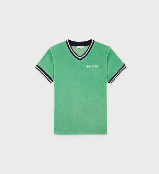Italic Logo Embroidered V-Neck Tee - Verde/Navy