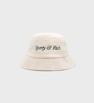 Italic Logo Embroidered Velour Bucket Hat - Cream/Navy