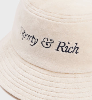 Italic Logo Embroidered Velour Bucket Hat - Cream/Navy