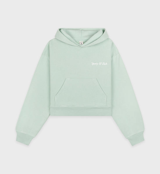 Italic Logo Embroidered Cropped Hoodie - Jade/White