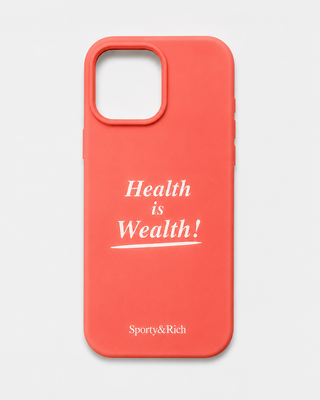 Red silicone iPhone 15 Case - Health is Wealth Logo with Health is Wealth! printed in white.