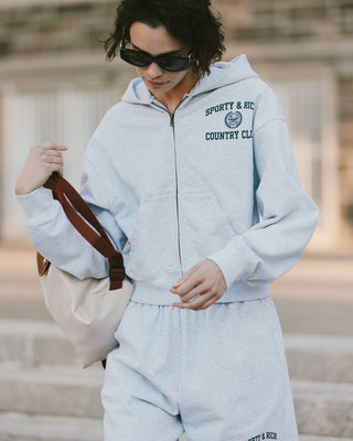 Varsity Crest Cropped Zip Hoodie - Heather Gray/Forest