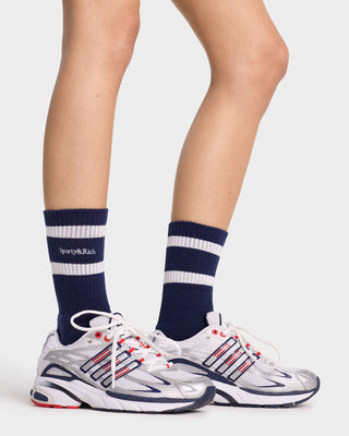 Serif Logo Striped Socks - Navy/White