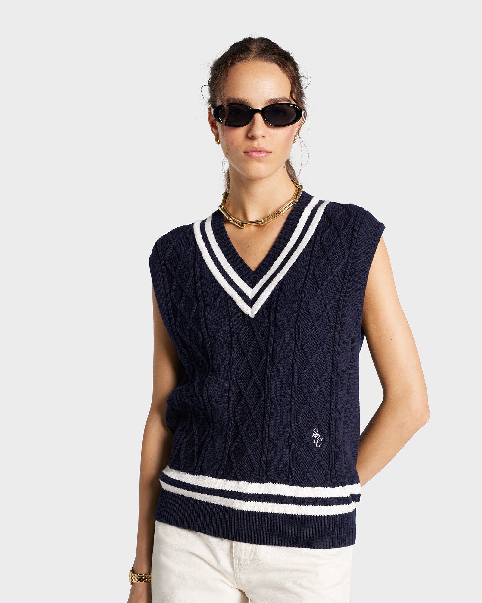 SRC Cableknit Vest Navy/White1