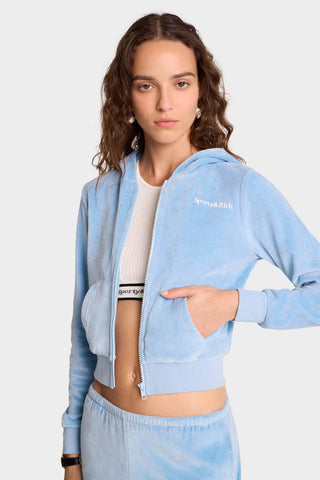 Health Ivy Velour Zipped Hoodie - Sky Blue/White