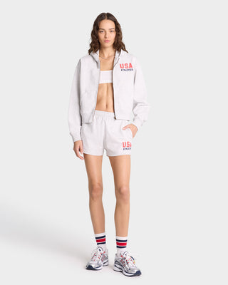 USA Athletics Cropped Zip Hoodie - Heather Gray/Navy/Sports Red