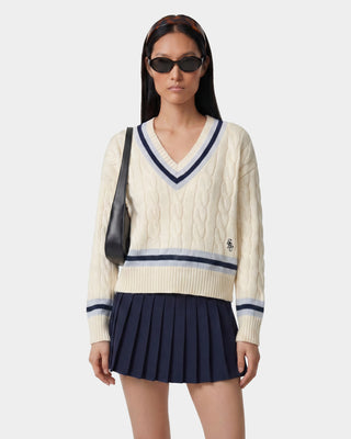SRC Cableknit V - Neck Sweater - Ecru/Navy/Ciel