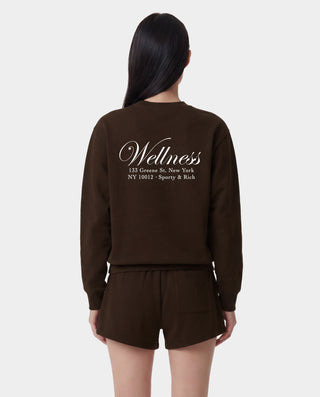 Person wearing a brown sweatshirt with 'Wellness' text on the back, on a white background