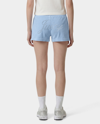 Light blue shorts with text on a white background