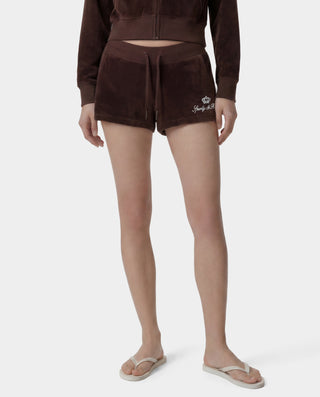 Brown fleece shorts with a logo on a white background