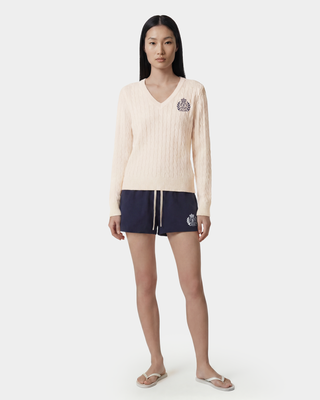 NY Crest V-Neck Cable Sweater - Ecru/Light Navy