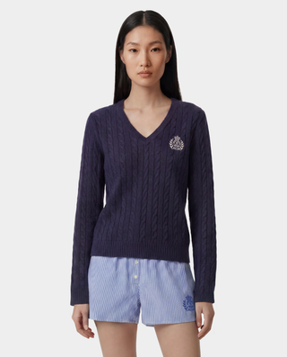 NY Crest V-Neck Cable Sweater - Light Navy/Ecru