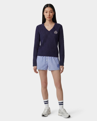 NY Crest V-Neck Cable Sweater - Light Navy/Ecru