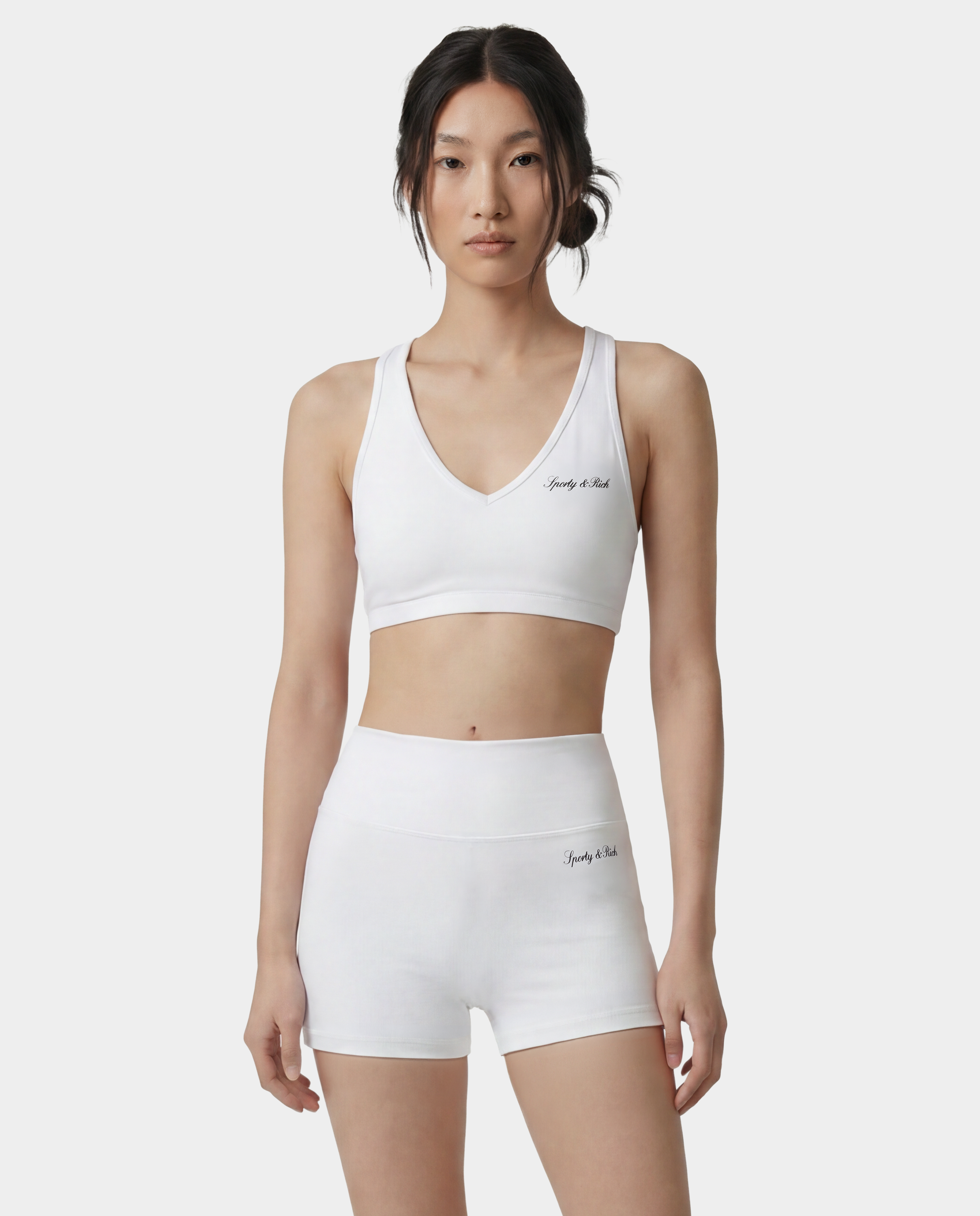 Signature Logo V-Neck Sports Bra - White/Black – Sporty & Rich