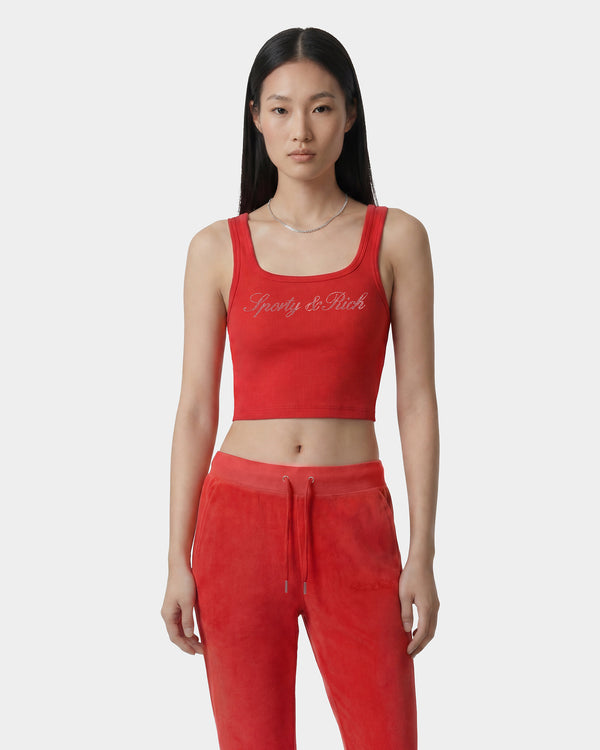 Woman wearing a red tank top and pants with 'Gloomy & Rich' branding on a white background