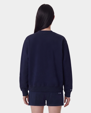 Introducing the LA Serif Crewneck in Dark Navy/White, a 100% cotton crewneck sweatshirt featuring a white LA logo on the upper left chest.