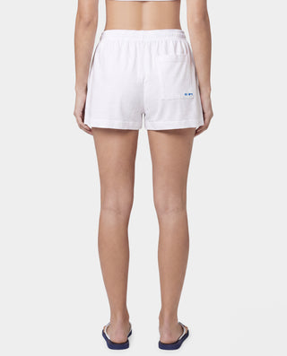 LA Serif Disco Short in White/Team Blue, featuring a blue LA logo and Sporty & Rich text on the front, crafted from athletic cotton fleece with a super-short length, made in the USA and laid flat on a white background.