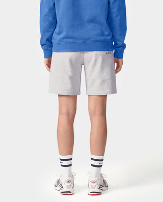 Dodgers Serif Gym Short in Heather Gray/Navy features an elastic waistband, side pockets, and navy Sporty & Rich and LA logos on the legs. Made in Portugal from 100% cotton for comfort and style.