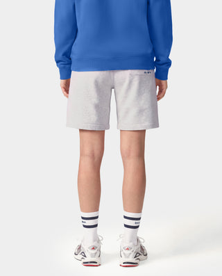 Dodgers Serif Gym Short in Heather Gray/Navy features an elastic waistband, side pockets, and navy Sporty & Rich and LA logos on the legs. Made in Portugal from 100% cotton for comfort and style.