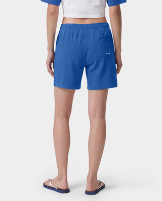 Dodgers Serif Gym Shorts in Team Blue/White, made in Portugal from 100% cotton, featuring white Sporty & Rich and LA logos printed on the left leg.