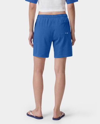 Dodgers Serif Gym Shorts in Team Blue/White, made in Portugal from 100% cotton, featuring white Sporty & Rich and LA logos printed on the left leg.