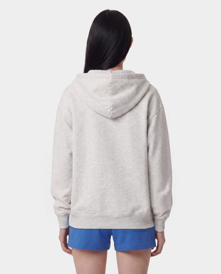 LA Serif Zip Hoodie in Heather Gray/White, featuring a zipped front, LA logo on the chest, front pockets, and crafted from 100% cotton in an oversized fit, shown laid flat on a white background.