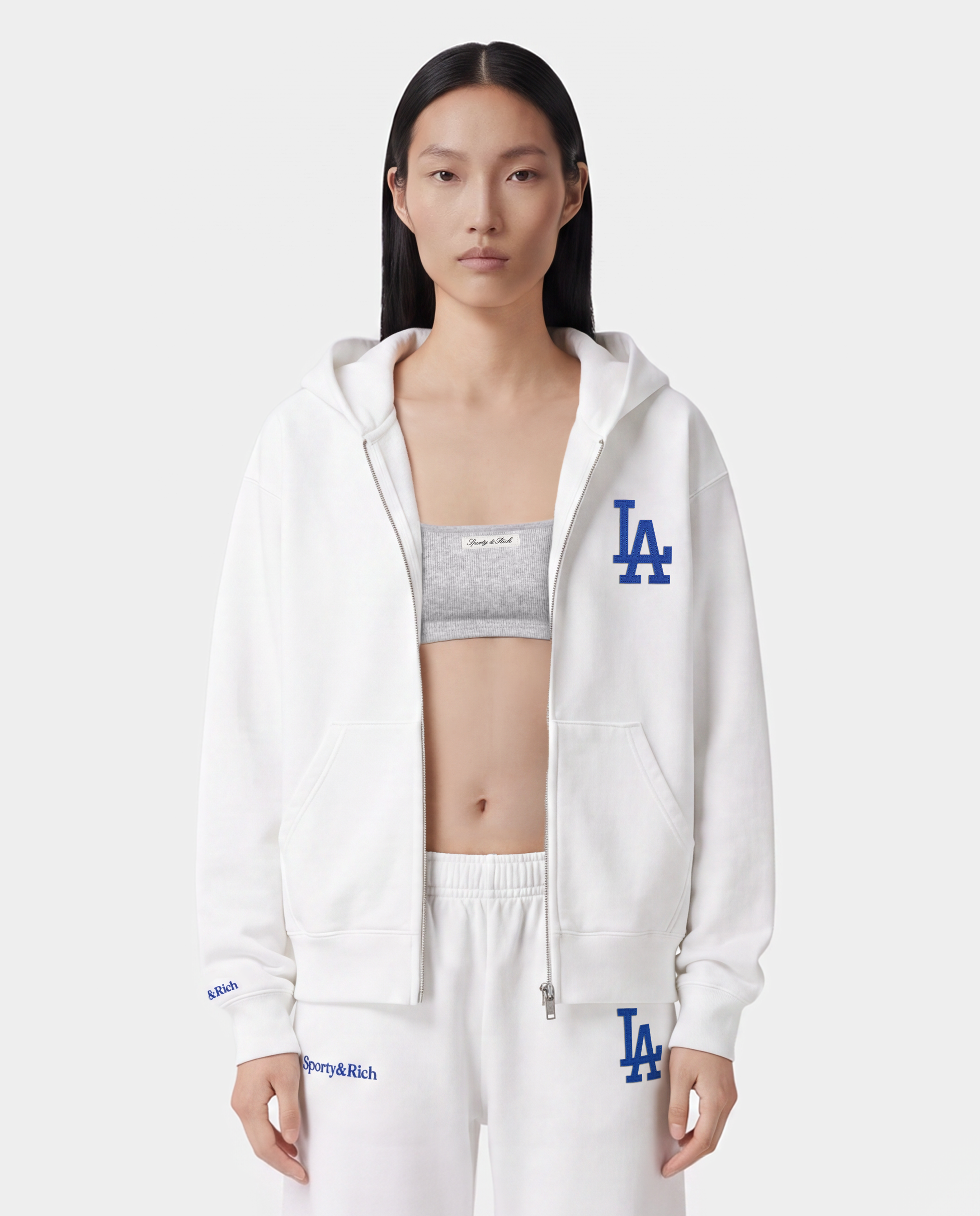 Zip Pouch Hooded Sweatshirt 白 ホワイト LA Serif Zip Hoodie - White/Navy – Sporty & Rich
