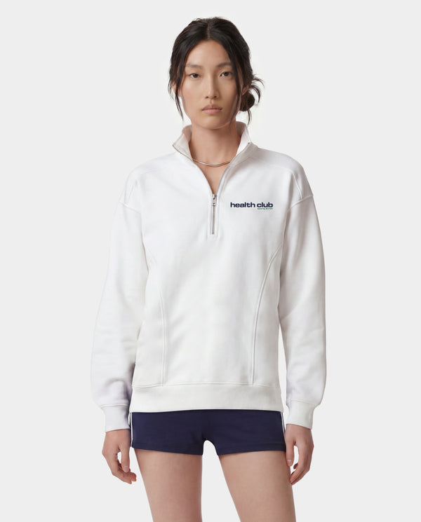 Bold Health Quarter Zip - White/Navy/Kelly: A white quarter zip sweatshirt featuring "Health Club" text on the left chest, crafted from 100% cotton and shown on a plain background.