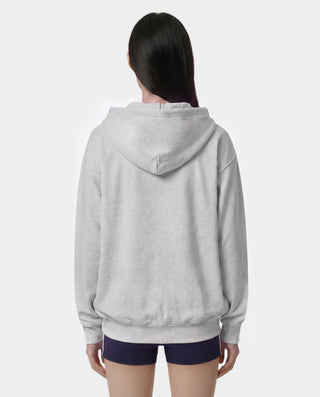 Presenting the Wellness Ivy Zip Hoodie in Heather Gray/Light Navy: an oversized-fit, 100% cotton zip-up hoodie featuring "WELLNESS" in light navy text on the left chest, complete with front pockets and a comfortable hood.