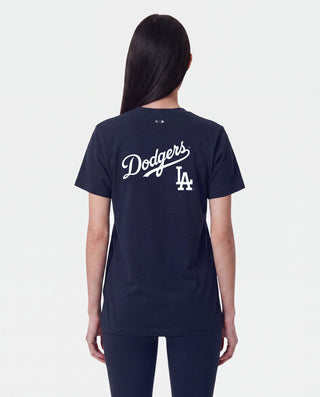Dodgers Serif T-Shirt in Dark Navy/White, made from 100% cotton, features Sporty & Rich and LA logos in white on the upper front and offers an oversized fit.