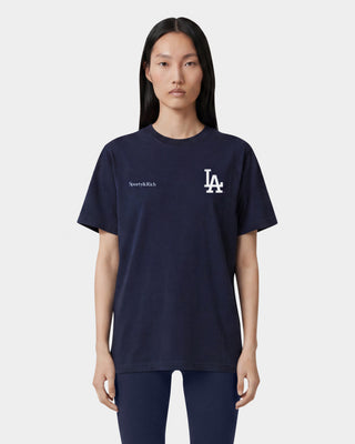 Dodgers Serif T-Shirt in Dark Navy/White, made from 100% cotton, features Sporty & Rich and LA logos in white on the upper front and offers an oversized fit.