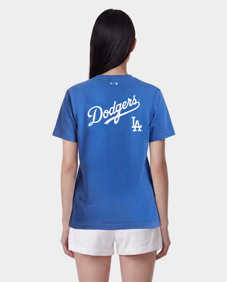 Dodgers Serif T-Shirt in Team Blue/White, featuring an LA logo and Sporty & Rich text on the front, crafted from 100% cotton for comfort, designed with an oversized fit, and shown against a plain background.