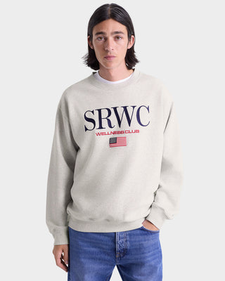 Person wearing a gray sweatshirt with 'SRWC Wellness Club' text and an American flag on a white background