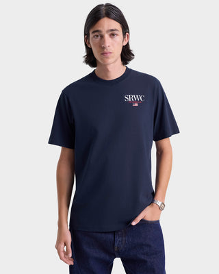 Person wearing a navy blue t-shirt with 'SRWC' logo on a white background